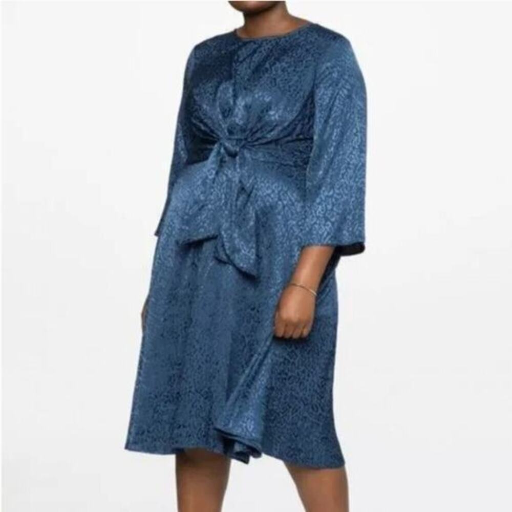 New! Eloquii women Blue Leopard Print Satin Textured Tie Front Dress, size 16